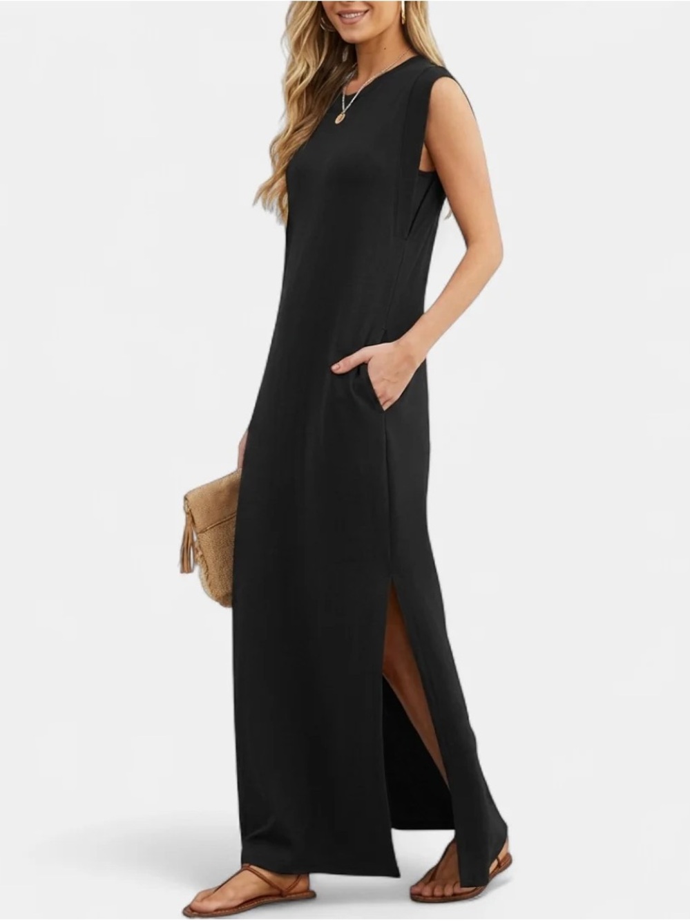 Grecerelle Women’s Wrinkle Free Maxi Dress With Pockets Size L Black